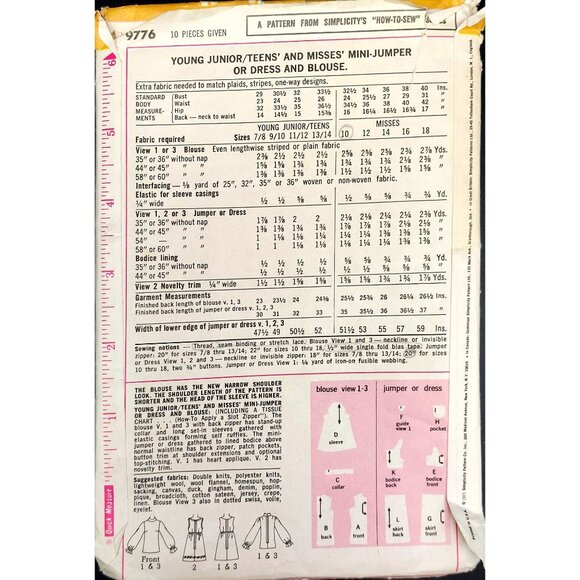 Simplicity 9776 Vintage 1971 How To Sew Pattern Misses Mini Jumper/Dress & Blous - Picture 2 of 2